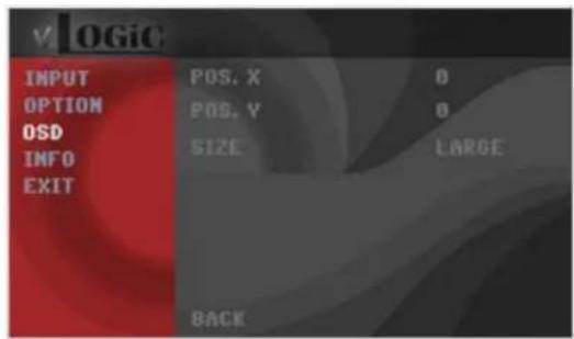 V OGIC INPUT OPTION OSD INFO EXIT POS. X POS. Y SIZE BACK B LARGE
