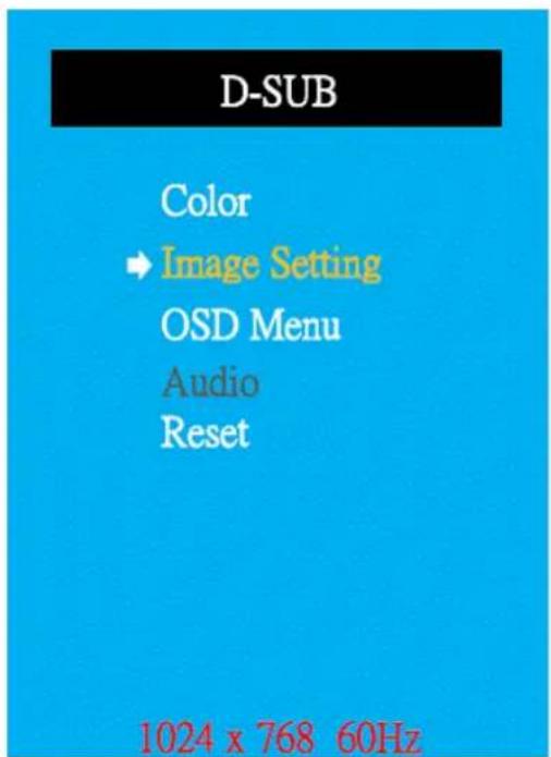 D-SUB Color → Image Setting OSD Menu Audio Reset 1024 x 768 60Hz
