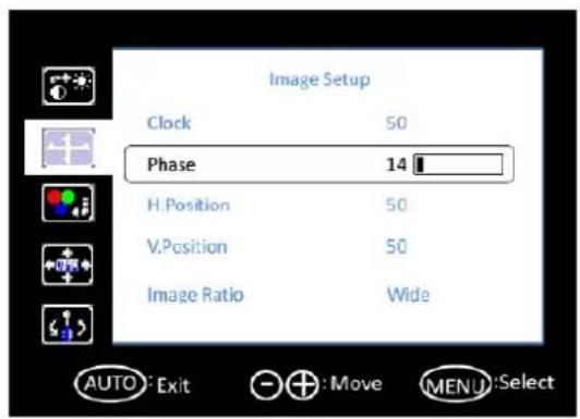 Image Setup Clock 50 Phase 14 H.Position 50 V.Position 50 Image Ratio Wide AUTO: Exit +: Move MENU: Select