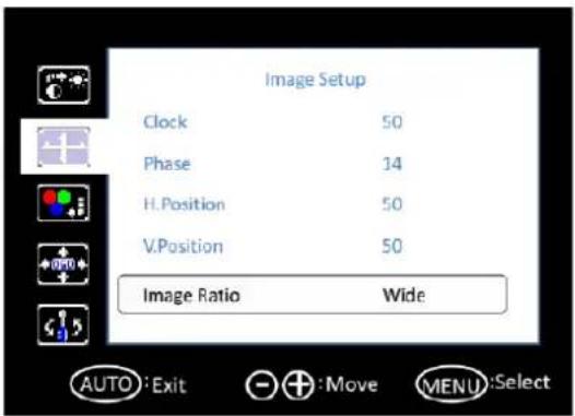 Image Setup Clock 50 Phase 14 H. Position 50 V. Position 50 Image Ratio Wide AUTO: Exit + : Move MENU:Select