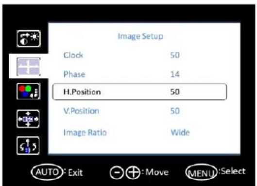 Image Setup Clock 50 Phase 14 H.Position 50 V.Position 50 Image Ratio Wide AUTO: Exit + : Move MENU:Select