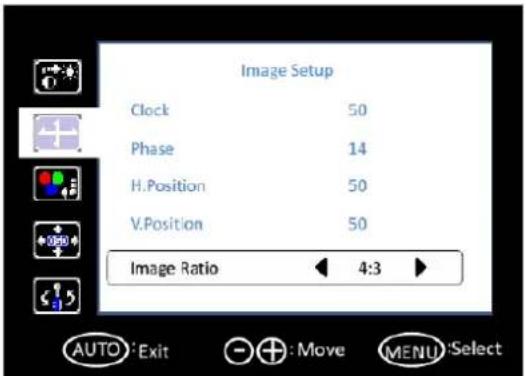 Image Setup Clock 50 Phase 14 H.Position 50 V.Position 50 Image Ratio 4:3 AUTO: Exit + : Move MENU: Select