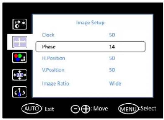 Image Setup Clock 50 Phase 14 H. Position 50 V. Position 50 Image Ratio Wide AUTO: Exit + :Move MENU:Select