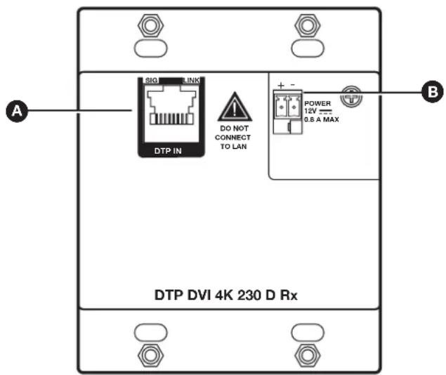 A B DTP DVI 4K 230 D Rx DTP IN DO NOT CONNECT TO LAN POWER 12V == 0.8 A MAX