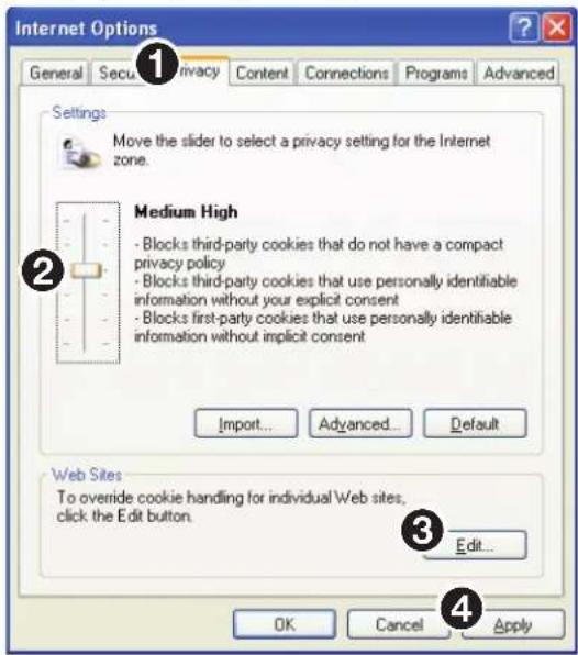 Internet Options General Secure Privacy Content Connections Programs Advanced Settings Move the slider to select a privacy setting for the Internet zone. Medium High - Blocks third-party cookies that do not have a compact privacy policy - Blocks third-party cookies that use personally identifiable information without your explicit consent - Blocks first-party cookies that use personally identifiable information without implicit consent Import... Advanced... Default Web Sites To override cookie handling for individual Web sites, click the Edit button. Edit... OK Cancel Apply