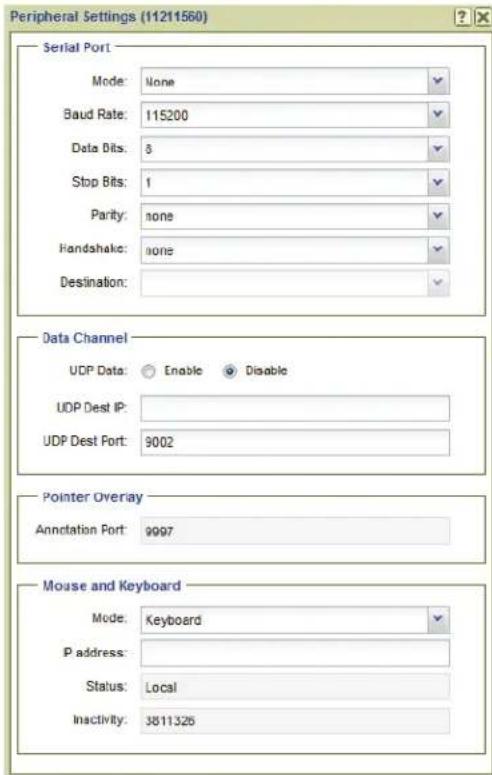 Peripheral Settings (11211560) Serial Port Mode: None Baud Rate: 115200 Data Bits: 8 Stop Bits: 1 Parity: none Handshake: none Destination: Data Channel UDP Data: Enable Disable UDP Dest IP: UDP Dest Port: 9002 Pointer Overlay Annotation Port: 9997 Mouse and Keyboard Mode: Keyboard P address: Status: Local Inactivity: 3811326