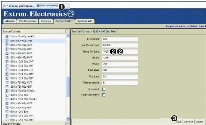 Extron. Electronics Alarme Configuration Devices Format Editor System Info Logged on admin switcher layout Source Formats 1280 x 720 60p SUPTE 1280 x 800 60p Test 1280 x 788 60p CVT 1280 x 788 60p GTF 1280 x 960 60p DVT 1280 x 960 65p DVT 1280 x 1024 60p CVT 1280 x 1024 60p DMT 1280 x 1024 60p GTF 1280 x 1024 75p DMT 1280 x 1024 85p DMT 1360 x 788 60p CVT 1360 x 788 60p GTF 1365 x 788 60p WXOA 1400 x 1059 50p 1400 x 1059 60p SXGA+ 1600 x 900 60p CVT 1600 x 900 60p GTF 1600 x 1200 50p 1600 x 1200 60p CVT 1600 x 1200 70p DMT Display Format Source Format - 1280 x 800 60p Test Line Count: 622 Line Poned (mat): 26.802 Peds For Line: 1635 HSize: 1250 VSize: 765 First Post: 808 First Line: 22 Trayno Ignore: 0 Interlaced: Fixed Geometry: Save SaveAs Delete 3