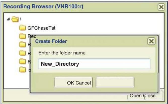 Recording Browser (VNR100:r) GFChaseTst Rec Create Folder Enter the folder name New_Directory OK Cancel Open Close