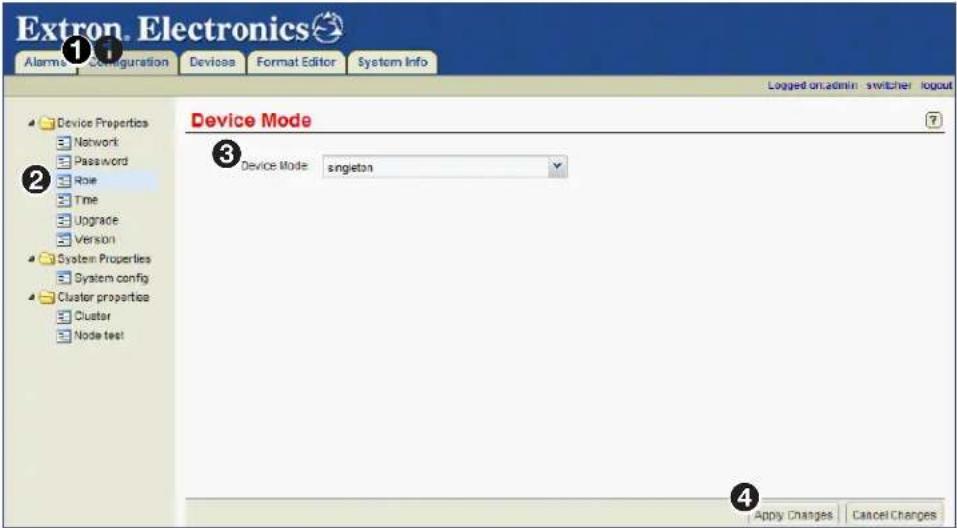 Extron Electronics Alarms Configuration Devices Format Editor System Info Device Properties Network Password Rose Time Upgrade Version System Properties System config Cluster propertice Cluster Node test Device Mode Device Mode : sgleton Apply Changes Cancel Changes