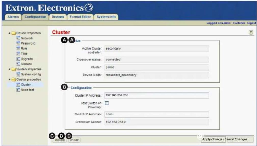 Extron. Electronics Alarms Configuration Devices Format Editor System Info Logged on admin switcher logout Device Properties Network Password Role Time Upgrade Versiona System Properties System config Cluster properties Cluster Node test Cluster A A tus Active Cluster: secondary controller: Crossover status: connected Cluster: paired Device Mode: redundant_secondary B - Configuration Cluster IP Address: 192.168.254.250 Test Switch on Powerup: Switch IP Address: none Crossover Subnet: 192.168.253.0 C D B Apply Changes Cancel Changes More Up par