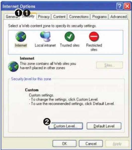 Internet Options General Security Privacy Content Connections Programs Advanced 1 1 Select a Web content zone to specify its security settings. Internet Local intranet Trusted sites Restricted sites Internet This zone contains all Web sites you haven't placed in other zones Sites... Security level for this zone Custom Custom settings. - To change the settings, click Custom Level. - To use the recommended settings, click Default Level. 2 Custom Level... Default Level OK Cancel Apply