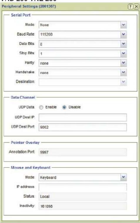 Peripheral Settings (2001:07) Serial Port Mode: None Baud Rate: 115260 Data Bits: 8 Stop Bits: 1 Parity: none Handshake: none Destination: Data Channel UDP Data: Enable Disable UDP Desl IP: UDP Desl Port: 9062 Pointer Overlay Annotation Port: 9997 Mouse and Keyboard Mode: Keyboard IP address: Status: Local Inactivity: 161098