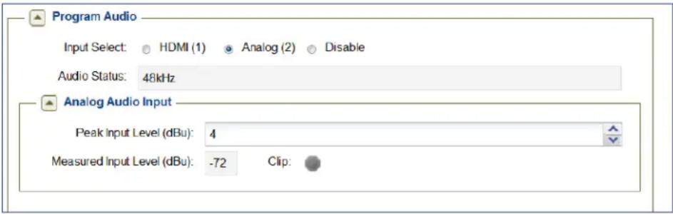 Program Audio Input Select: HDMI (1) Analog (2) Disable Audio Status: 48kHz Analog Audio Input Peak Input Level (dBu): 4 Measured Input Level (dBu): -72 Clip: