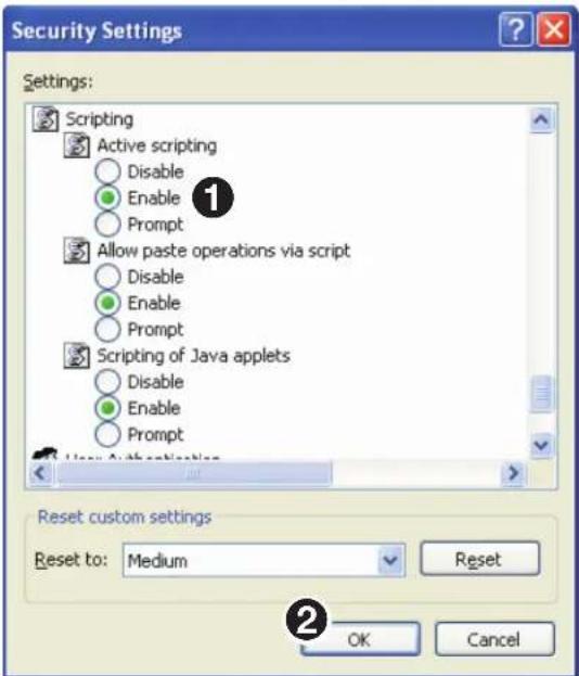Security Settings Settings: Scripting Active scripting Disable Enable Prompt Allow paste operations via script Disable Enable Prompt Scripting of Java applets Disable Enable Prompt User Authentication Reset custom settings Reset to: Medium Reset OK Cancel