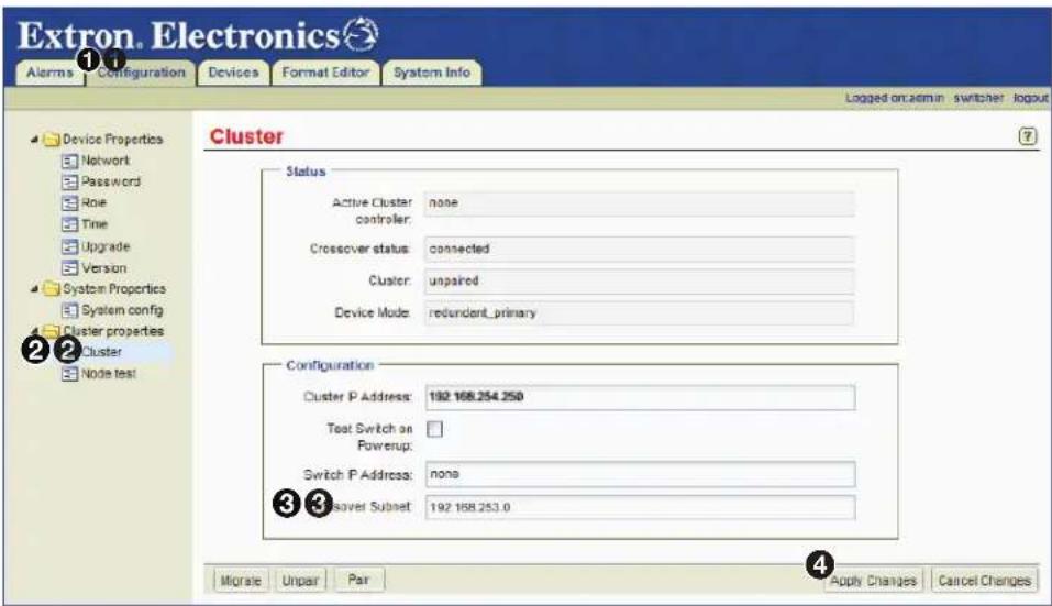 Extron. Electronics Alarms Configuration Devices Format Editor System Info Logged on admin switcher logout Device Properties Network Password Row Time Upgrade Version System Properties System config Cluster properties Cluster Node test Cluster Status Active Cluster: none controller: Crossover status: connected Cluster: unpaired Device Mode: redundant_primary Configuration Cluster P Address: 192 168.254.250 Test Switch on Powerup: Switch P Address: none Dover Subset: 192 168.253.0 ②③④ Morate Unpair Pair Apply Changes Cancel Changes