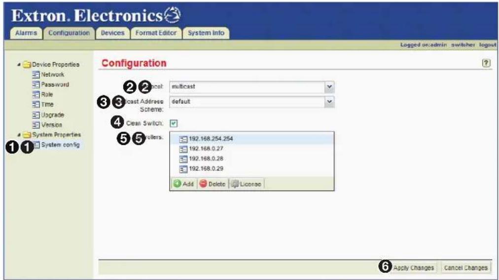 Extron. Electronics Alarms Configuration Devices Format Editor System Info Device Properties Network Password Role Time Upgrade Version System Properties System config Configuration ②③④⑤⑥⑦⑧⑨⑩⑪⑫⑬⑭⑮⑯⑰⑱⑲⑳⑳⑴ ①②③④⑤⑥⑦⑧⑨⑩⑪⑫⑬⑭⑮⑯⑰⑱⑲⑳⑺⑳⑮⑯⑰⑱⑲⑳⑺⑳⑮⑯⑰⑱⑲⑳⑺⑳⑮⑯⑰⑱⑲⑳⑺⑳⑮⑯⑰⑱⑲⑳⑺⑳⑮⑯⑰⑱⑲⑳⑺⑳⑮⑯⑰⑱⑲⑳⑺⑳⑮⑱⁰ 192.168.254.254 192.168.0.27 192.168.0.28 192.168.0.29 Add Delete License Apply Changes Cancel Changes