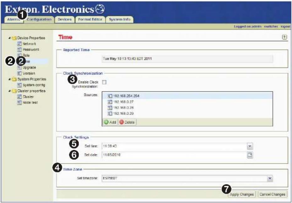 Extron. Electronics Alarms Configuration Devices Format Editor System Info Logged on admin switcher open Time Reported Time Tue May 10 13:13:43 EDT 2011 Clock Synchronization Enable Clock Synchronization: Sources: 192.168.254.254 192.168.0.27 192.168.0.28 192.168.0.29 Add Delete Clock Settings Set line: 11.39.43 Set date: 11/05/2010 Time Zone Set timezone: EST5EDT Apply Changes Cancel Changes