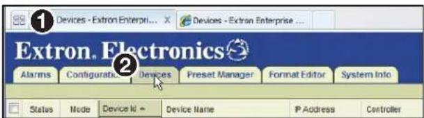 1 Devices - Extron Enterprise... Devices - Extron Enterprise ... Extron. Electronics Alarms Configurati Devices Preset Manager Format Editor System Info Status Mode Device Id Device Name P Address Controller