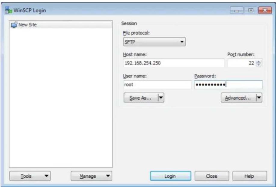 WinSCP Login New Site Session File protocol: SFTP Host name: 192.168.254.250 Port number: 22 User name: root Password: ************ Save As... Advanced... Tools Manage Login Close Help