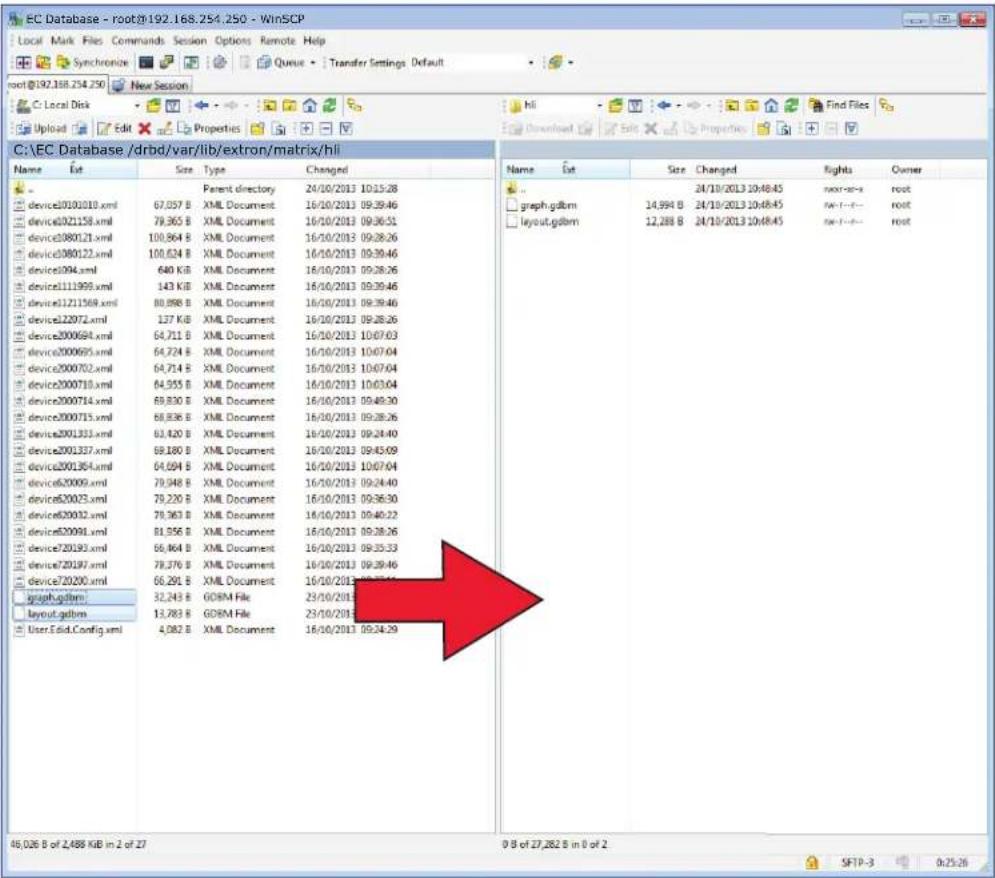 EC Database - root@192.168.254.250 - WinSCP Local Mark Files Commands Session Options Remote Help Synchronize Queue Transfer Settings Default root@192.168.254.250 C:\Local Disk New Session C:\EC Database /drbd/var/lib/extron/matrix/hli Name Ext Size Type Changed ... device2001010.xml Parent directory 24/10/2013 10:15:28 device2001158.xml XML Document 16/10/2013 09:39:46 device200121.xml XML Document 16/10/2013 09:36:51 device200121.xml 100,864 B XML Document 16/10/2013 09:28:26 device200122.xml 100,624 B XML Document 16/10/2013 09:39:46 device200124.xml 640 KB XML Document 16/10/2013 09:28:26 device2111999.xml 143 KB XML Document 16/10/2013 09:39:46 device2111568.xml 80,898 B XML Document 16/10/2013 09:39:46 device22072.xml 137 KB XML Document 16/10/2013 09:28:26 device2000694.xml 64,711 B XML Document 16/10/2013 10:07:03 device2000695.xml 64,724 B XML Document 16/10/2013 10:07:04 device2000702.xml 64,714 B XML Document 16/10/2013 10:07:04 device2000718.xml 64,955 B XML Document 16/10/2013 10:03:04 device2000714.xml 69,830 B XML Document 16/10/2013 09:49:30 device2000715.xml 68,836 B XML Document 16/10/2013 09:28:26 device2001333.xml 63,420 B XML Document 16/10/2013 09:24:40 device2001337.xml 69,180 B XML Document 16/10/2013 09:45:69 device2001354.xml 64,694 B XML Document 16/10/2013 10:07:04 device20009.xml 79,948 B XML Document 16/10/2013 09:24:40 device20023.xml 79,226 B XML Document 16/10/2013 09:36:30 device20032.xml 79,363 B XML Document 16/10/2013 09:40:22 device20098.xml 81,556 B XML Document 16/10/2013 09:28:26 device270193.xml 66,464 B XML Document 16/10/2013 09:35:33 device270197.xml 79,376 B XML Document 16/10/2013 09:29:46 device27229X.xml 66,291 B XML Document 16/10/2013 09:37:46 graph.gdbm layout.gdbm 32,243 B GDBM File 23/10/2013 User.Eldd.Config.xml 4,882 B XML Document 16/10/2013 09:24:29 Name Ext Size Changed Rights Owner ... 24/18/2013 10:48:45 next-se-# root graph.gdbm 14,994 B 24/18/2013 10:48:45 next-se-# root layout.gdbm 12,288 B 24/18/2013 10:48:45 next-se-# root