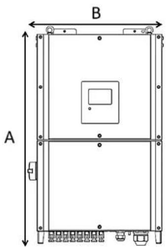 Technical line drawing of a rectangular enclosure or enclosure with labeled dimensions A and B (no text or symbols beyond labels)