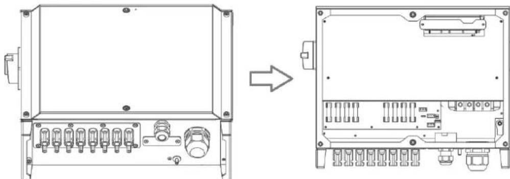 Technical line drawing of an electronic control panel with ports and connectors, showing a before-and-after transformation (no text or symbols)
