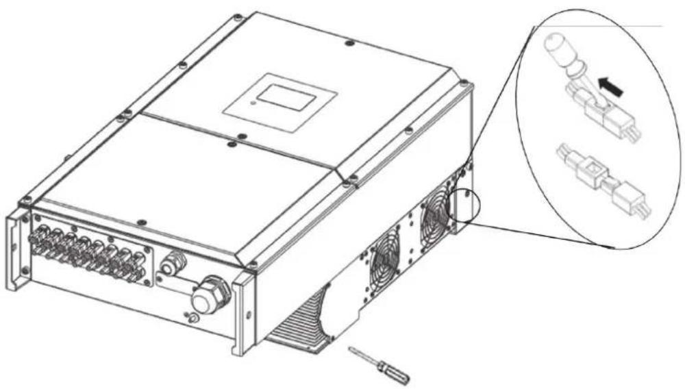 Technical line drawing of an electronic device with cooling fans and a magnified inset showing internal components (no text or symbols)