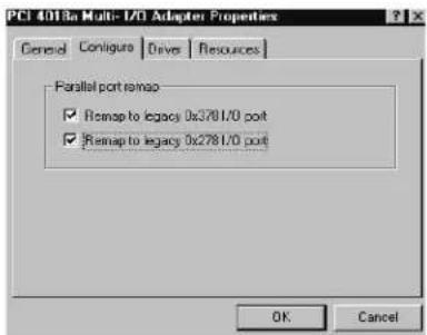PCI 4018a Multi-LTD Adapter Properties General Configure Drive Resources Parallel port trimap ✓ Remap to legacy 0x2781/0 port ✓ Remap to legacy 0x2781/0 port OK Cancel