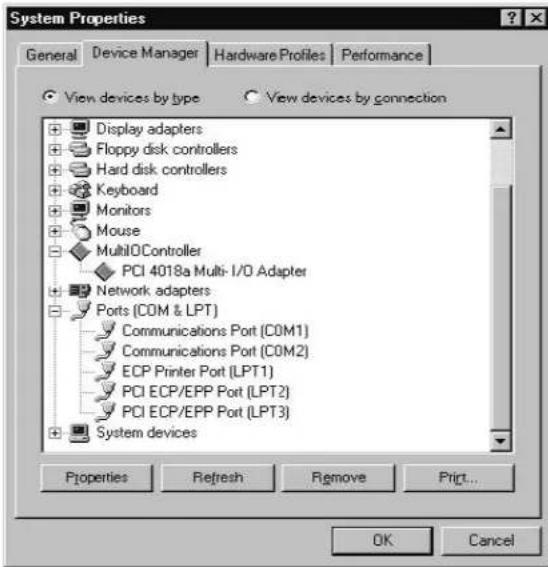 System Properties General Device Manager Hardware Profiles Performance View devices by type View devices by connection Display adapters Floppy disk controllers Hard disk controllers Keyboard Monitors Mouse MultiOController PCI 4018a Multi- I/O Adapter Network adapters Ports (COM & LPT) Communications Port (COM1) Communications Port (COM2) ECP Printer Port (LPT1) PCI ECP/EPP Port (LPT2) PCI ECP/EPP Port (LPT3) System devices Properties Refresh Remove Print... OK Cancel