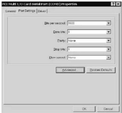 PCI Multi I/O Card Serial Port (COM) Properties General Port Settings Driver Bits per second: 3600 Data bits: 8 Party: None Stop bits: 1 Blow control: None Advanced Restore Defaults OK Cancel