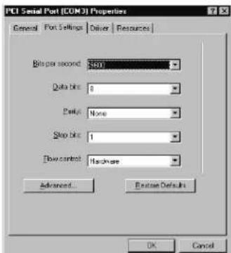 PCI Serial Port (COM3) Properties General Port Settings Deliver Resources Bits per second: 5600 Data bits: 0 parity: None Stop bits: 1 Flow control: Hardware Advanced... Busman Defaults OK Cancel