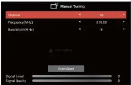 Manual Tuning Channel 38 Frequency(MHz) 610.00 BandWidth(MHz) 8 Start Scan Signal Level 0 Signal Quality 0