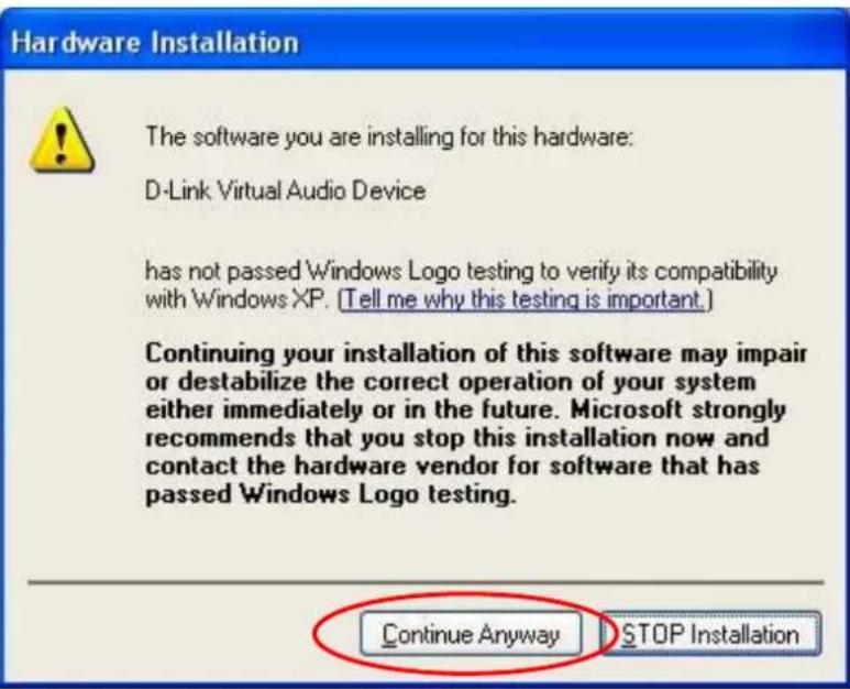 Hardware Installation The software you are installing for this hardware: D-Link Virtual Audio Device has not passed Windows Logo testing to verify its compatibility with Windows XP. (Tell me why this testing is important.) Continuing your installation of this software may impair or destabilize the correct operation of your system either immediately or in the future. Microsoft strongly recommends that you stop this installation now and contact the hardware vendor for software that has passed Windows Logo testing. Continue Anyway STOP Installation
