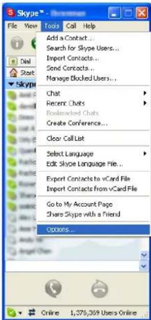 Skype™ - File View Tools Call Help Add a Contact... Search for Skype Users... Import Contacts... Send Contacts... Manage Blocked Users... Chat Recent Chats Bookmarked Chats Create Conference... Clear Call List Select Language Edit Skype Language File... Export Contacts to vCard File Import Contacts from vCard File Go to My Account Page Share Skype with a Friend Options... Online 1,376,359 Users Online