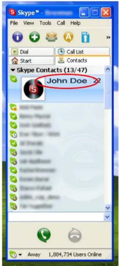 Skype™ File View Tools Call Help Dial Call List Start Contacts Skype Contacts (13/47) John Doe 2 Away 1,884,734 Users Online