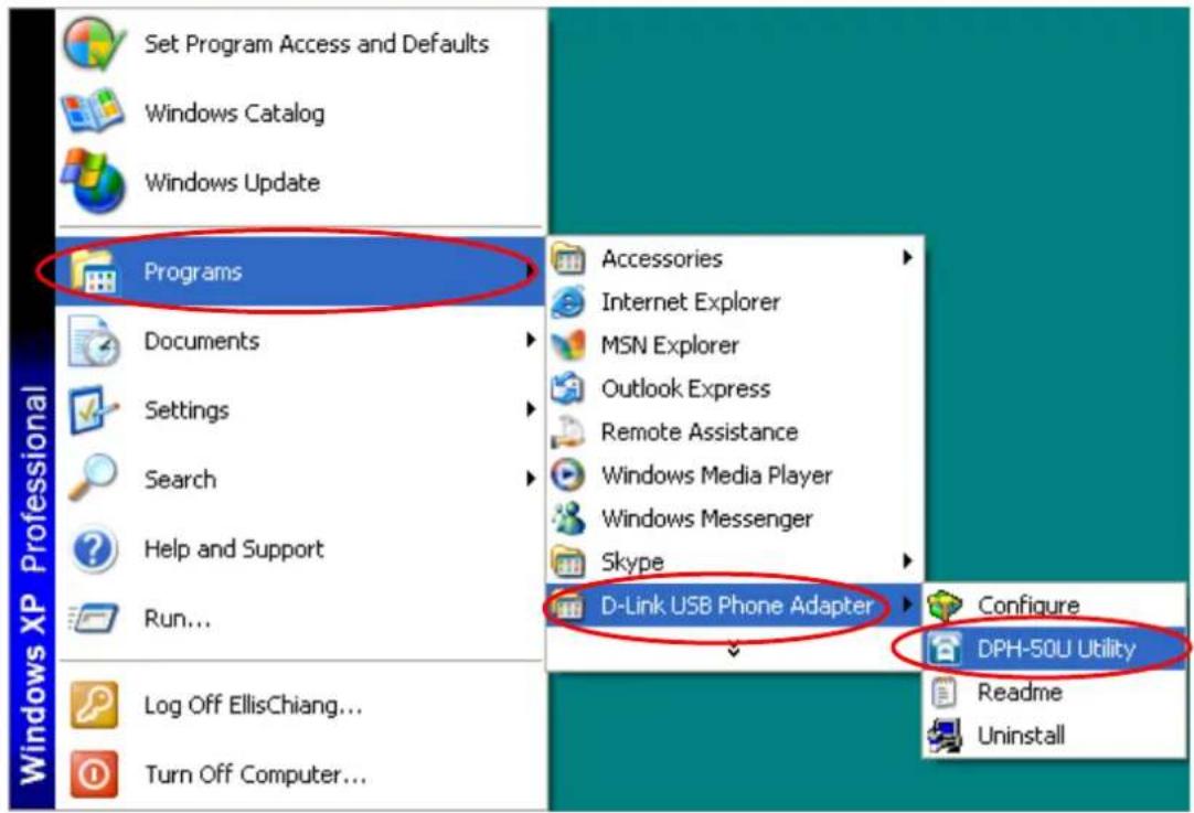 Set Program Access and Defaults Windows Catalog Windows Update Programs Documents Settings Search Help and Support Run... Log Off EllisChiang... Turn Off Computer... Accessories Internet Explorer MSN Explorer Outlook Express Remote Assistance Windows Media Player Windows Messenger Skype D-Link USB Phone Adapter Configure DPH-50U Utility Readme Uninstall