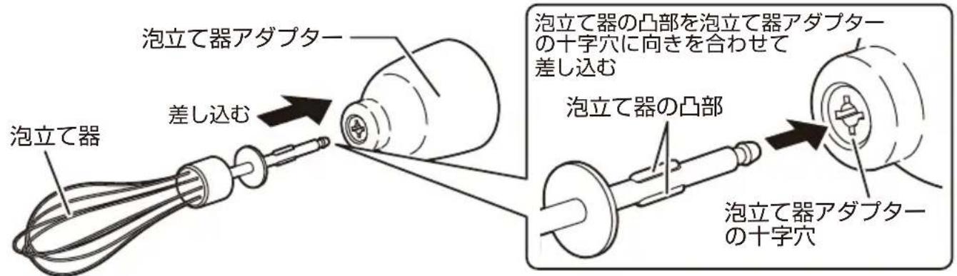 泡立て器 差し込む 泡立て器アダプター 泡立て器の凸部を泡立て器アダプターの十字穴に向きを合わせて差し込む 泡立て器の凸部 泡立て器アダプターの十字穴