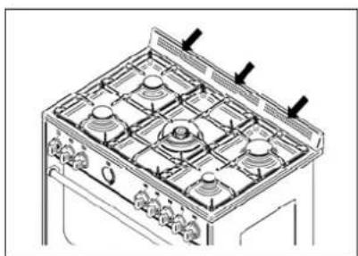 Line drawing of a gas stove interior with cooling fans and heat sinks (no text or symbols)