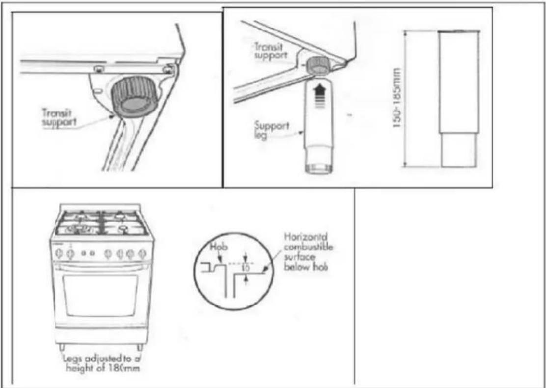 Transit support Transit support Support leg 150-185mm Legs adjusted to a height of 180mm Horizontal combustible surface below hob