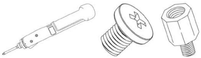 Technical line drawings of three screwdriver and nut components (no text or symbols)