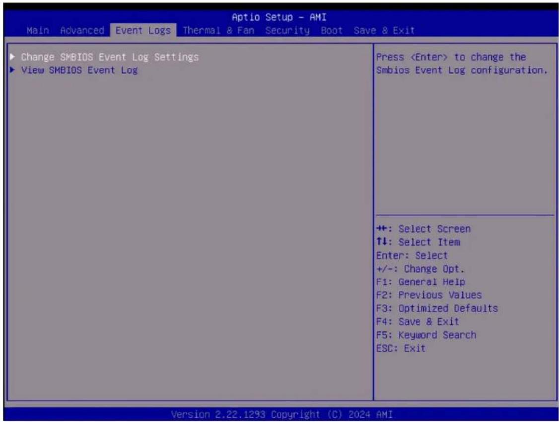 Aptio Setup - AMI Main Advanced Event Logs Thermal & Fan Security Boot Save & Exit ► Change SMBIOS Event Log Settings ► View SMBIOS Event Log Press to change the Smbios Event Log configuration. ++: Select Screen ↑↓: Select Item Enter: Select +/-: Change Opt. F1: General Help F2: Previous Values F3:…