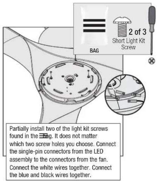 2 of 3 Short Light Kit Screw BAG Partially install two of the light kit screws found in the Bag. It does not matter which two screw holes you choose. Connect the single-pin connectors from the LED assembly to the connectors from the fan. Connect the white wires together. Connect the blue and black wires together.
