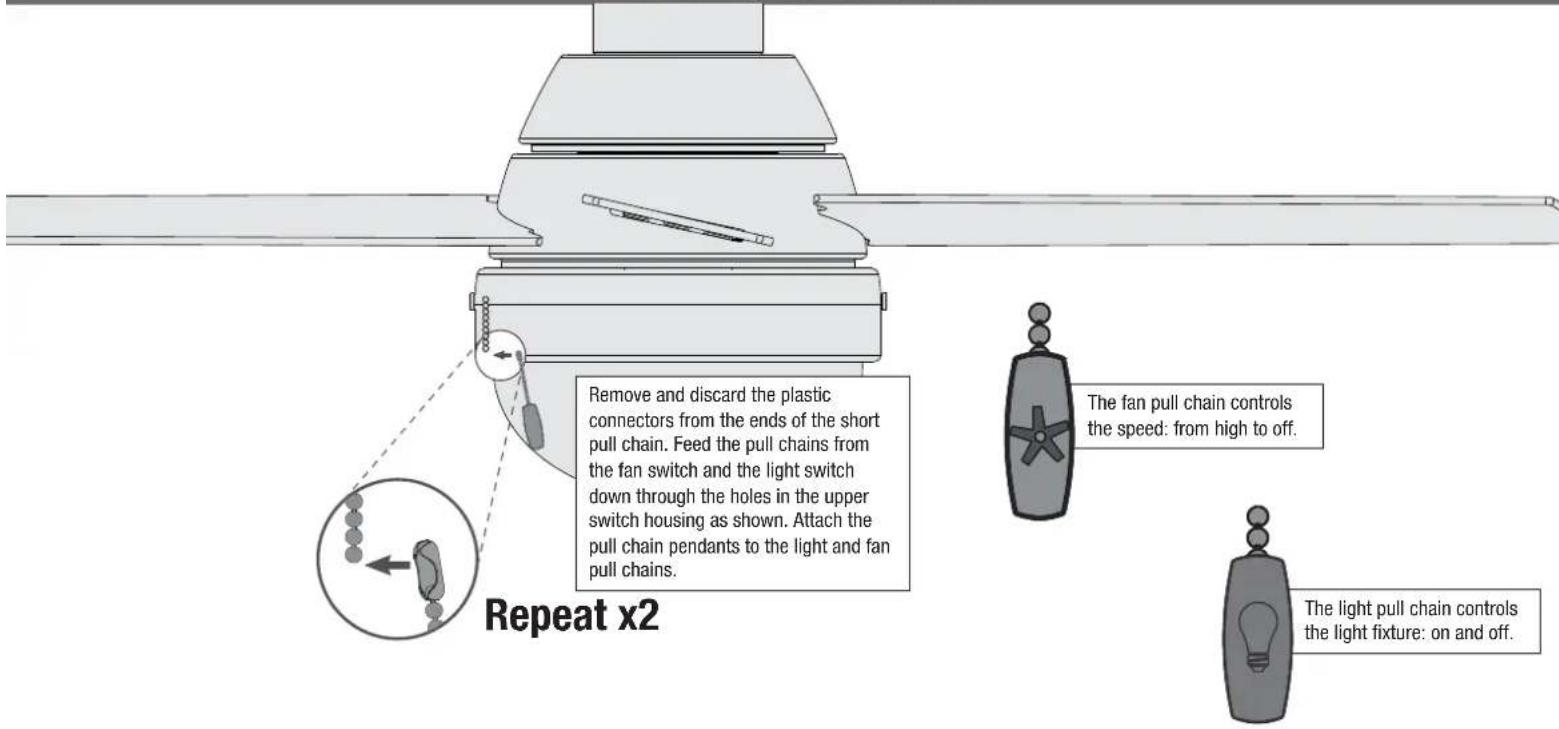 Repeat x2 Remove and discard the plastic connectors from the ends of the short pull chain. Feed the pull chains from the fan switch and the light switch down through the holes in the upper switch housing as shown. Attach the pull chain pendants to the light and fan pull chains. The fan pull chain controls the speed: from high to off. The light pull chain controls the light fixture: on and off.
