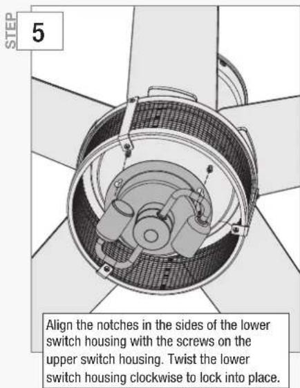 5 Align the notches in the sides of the lower switch housing with the screws on the upper switch housing. Twist the lower switch housing clockwise to lock into place.