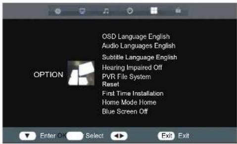 OPTION OSD Language English Audio Languages English Subtitle Language English Hearing Impaired Off PVR File System Reset First Time Installation Home Mode Home Blue Screen Off Enter OK Select Exit Exit