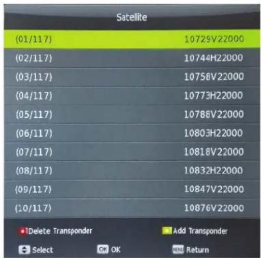 Satellite (01/117) 10729V22000 (02/117) 10744H22000 (03/117) 10758V22000 (04/117) 10773H22000 (05/117) 10788V22000 (06/117) 10803H22000 (07/117) 10818V22000 (08/117) 10832H22000 (09/117) 10847V22000 (10/117) 10876V22000 Delete Transponder Add Transponder Select OK OK Next Return