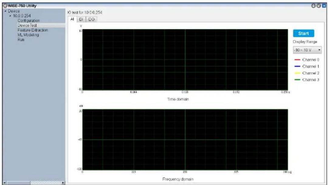 WISE-760 Utility Device 10.0 0.254 Configuration Device Test Feature Extraction ML Modeling Run IO test for 10.0 0.254 AI DI DO Start Display Range -10 ~ 10 V Channel 0 Channel 1 Channel 2 Channel 3 Time domain Frequency domain 0 125 250 125 190 Hz