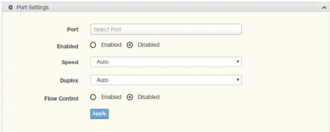 Port Settings Port Select Port Enabled Enabled Disabled Speed Auto Duplex Auto Flow Control Enabled Disabled Apply