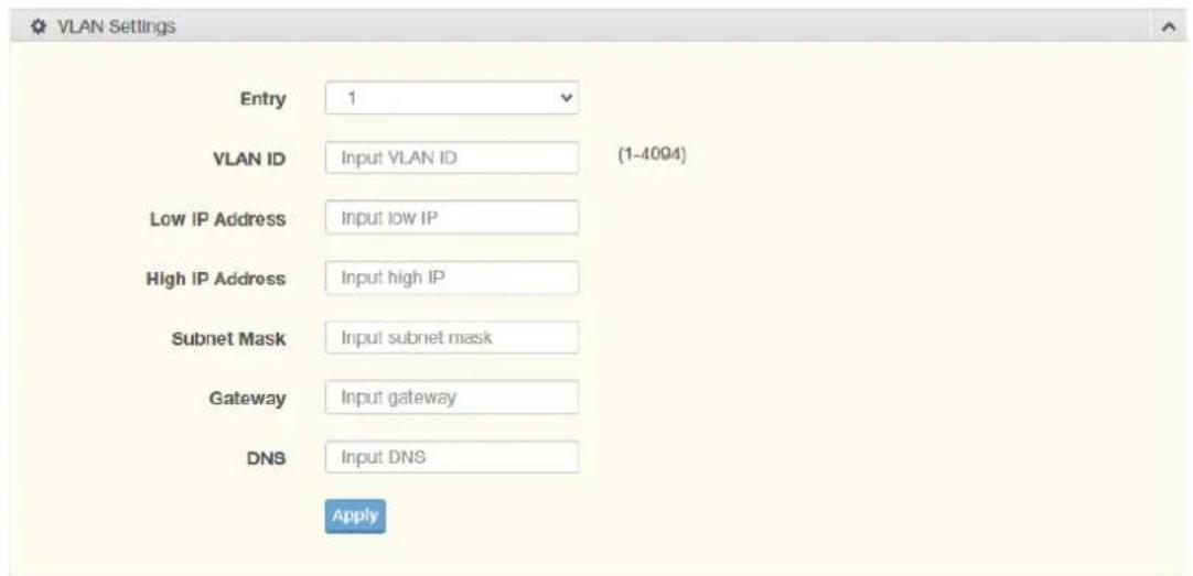 VLAN Settings Entry 1 VLAN ID Input VLAN ID (1-4094) Low IP Address Input low IP High IP Address Input high IP Subnet Mask Input subnet mask Gateway Input gateway DNS Input DNS Apply