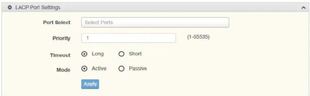 LACP Port Settings Port Select Select Ports Priority 1 (1-65535) Timeout Long Short Mode Active Passive Apply
